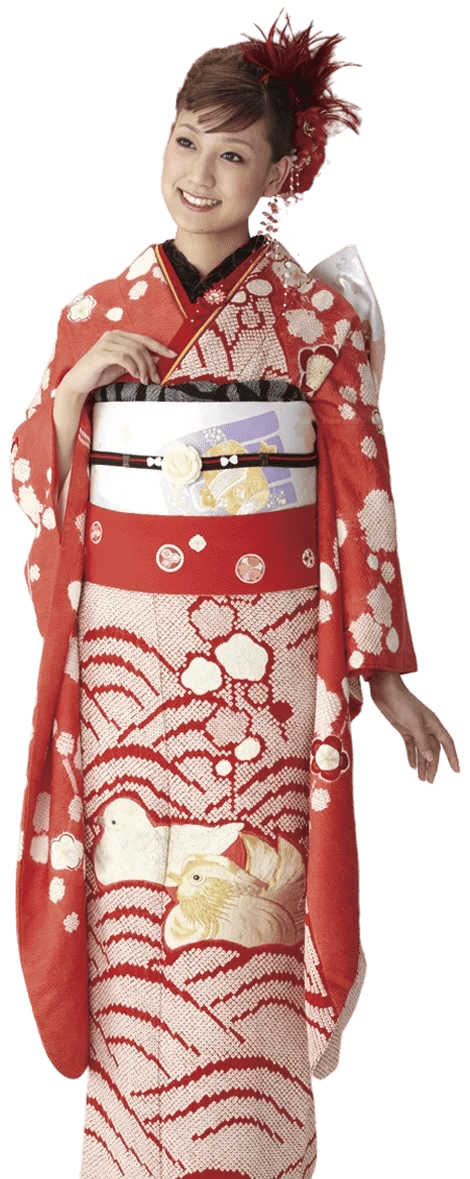 紅白の模様が入った日本の伝統的な着物、飾り帯、花の髪飾りを身に着け、微笑んで立っている人物。.